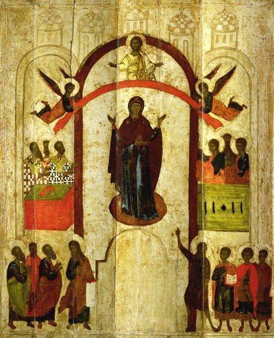 De bescherming van de Theotokos (Moeder van God) Russische icoon uit het Zverin-klooster door Novgorod School